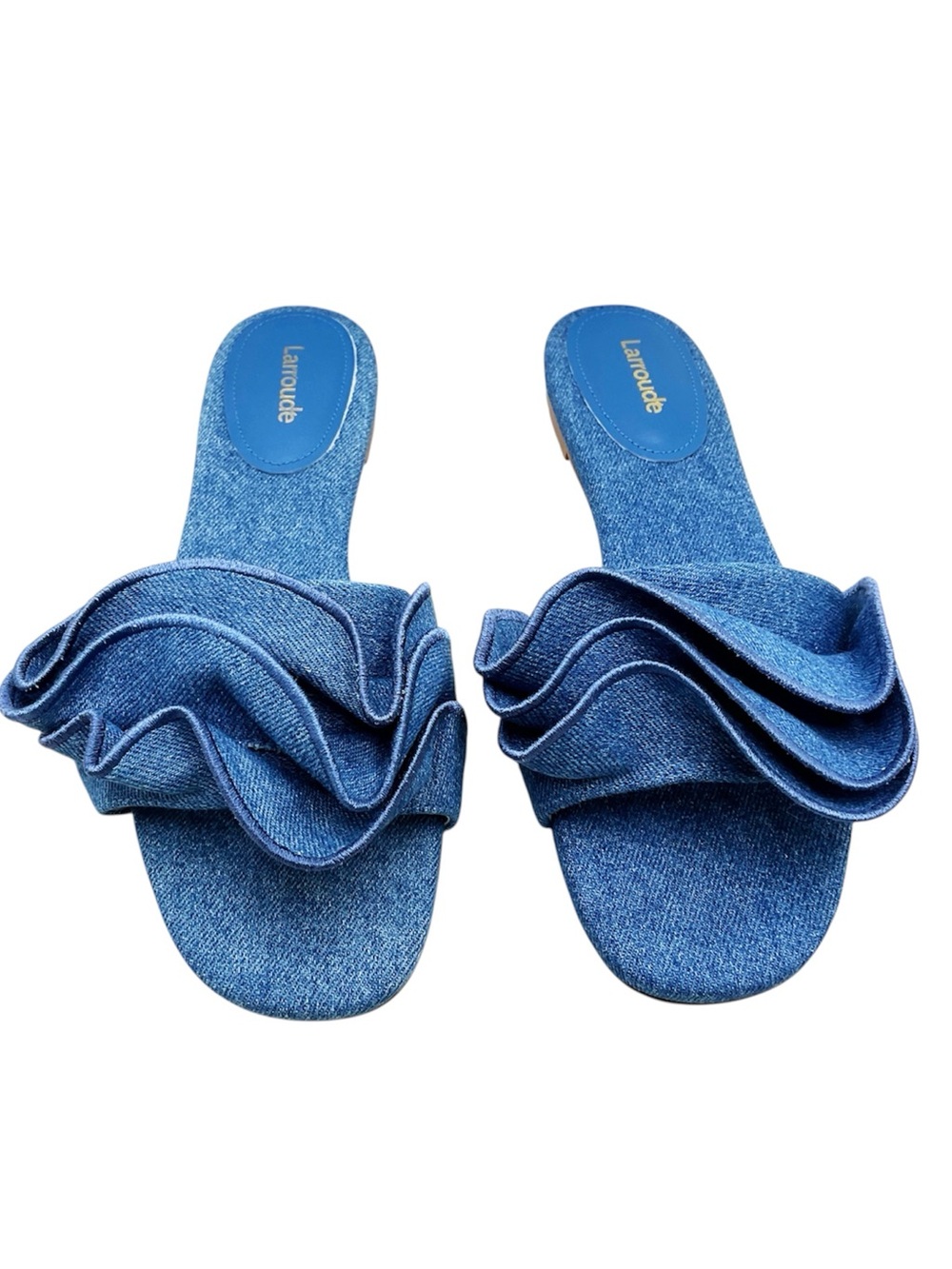 🆕{Larroude} Ivy Denim Ruffle Slide Sandals - Picture 2 of 15